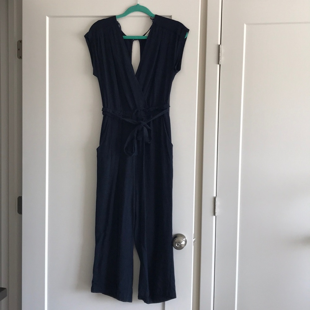 TWO identical jumpsuits; navy and coral colors